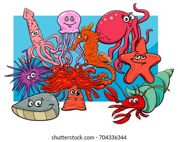 Cartoon Vector Illustrations of Sea Life Animal Characters Group