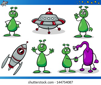 Cartoon Vector Illustrations Set of Fantasy Aliens or Martians Comic Mascot Characters