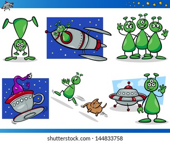 Cartoon Vector Illustrations Set of Fantasy Aliens or Martians Comic Mascot Characters