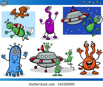 Cartoon Vector Illustrations Set of Fantasy Aliens or Martians Comic Mascot Characters