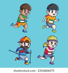 Cartoon Vector ilustra un conjunto de atletas en carrera. Actividad saludable y estilo de vida. Corre, trotando. Vector macho y hembra corredora de maratón. Conjunto de mascota vectorial de ejecución corta. Espíritu atlético