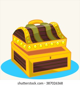 Cartoon vector Illustration.Treasure chest full of gold coins, crystal gems and jewellery. Flat vector illustration and icon. 
