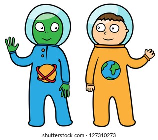Cartoon vector illutration of cute astronaut and alien