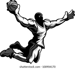 Cartoon Vector Image of a Basketball Player Slam Dunking Basketball