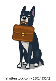 A Cartoon Vector Image Of A Black Great Dane Dog Breed Holding A Business Briefcase