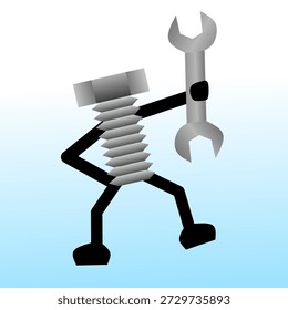 Imagen de Vector de dibujos animados de un personaje de perno que sostiene una llave, ilustración de llave inglesa