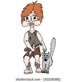 Cartoon vector image of a bully boy with a slingshot in his hand with a cat on a white background