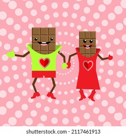 Cartoon vector image of chocolate bar characters. Happy dancing chocolate characters.