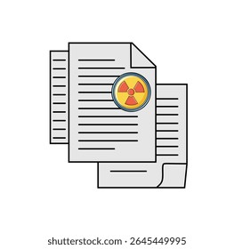 Uma imagem de vetor de desenho animado com vários documentos com linhas de texto, sobrepostas por um símbolo proeminente de radiação nuclear, sugerindo informações sensíveis ou perigosas.