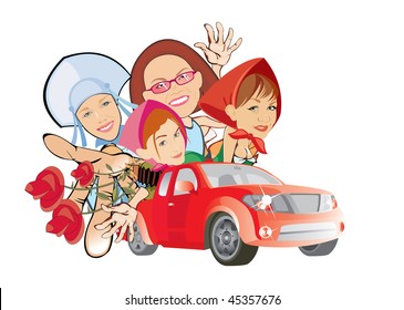 imagen vectorial de dibujos animados de cuatro niñas en un coche rojo. aislado en blanco. buen uso para tarjetas de fiesta y carteles