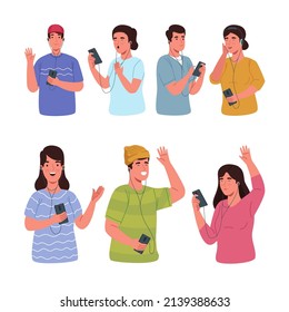 cartoon vector image of a group of people listening to music using a headset