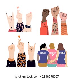 cartoon vector image of a group of women's hands and three women hugging