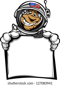 Cartoon Vector Image of a Happy Astronaut Spaceman Head Holding a Sign