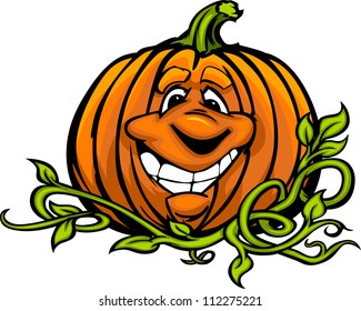 Cartoon Vector Image of a Happy Halloween Pumpkin Jack O Lantern Head and Vines with Smiling Expression