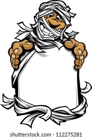 Cartoon Vector Image of a Happy Halloween Monster Mummy Holding a Sign
