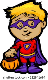 Cartoon Vector Image of a Happy Halloween Super Hero Boy With Trick or Treat Jack-O-Lantern