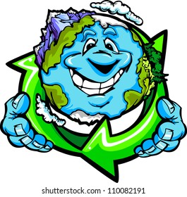 Cartoon Vector Image of a Happy Smiling Planet Earth with Mountains and Oceans Holding a Recycling Symbol for Earth Day
