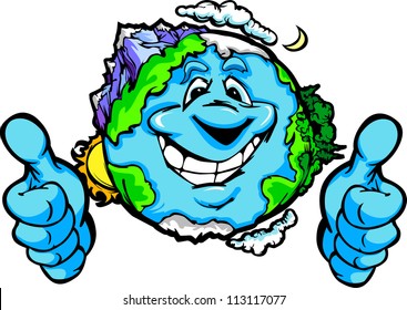 Cartoon Vector Image of a Happy Smiling Planet Earth with Mountains and Oceans Giving Thumbs Up