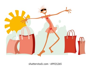 cartoon vector image of happy smiling woman after shopping, isolated on white