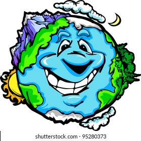 Cartoon Vector Image of a Happy Smiling Planet Earth with Mountain and Ocean