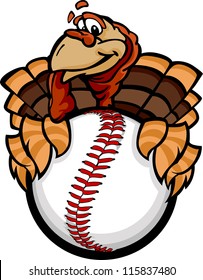 Cartoon Vector Image of a Happy Thanksgiving Holiday Baseball or Softball Turkey Holding a Baseball Ball