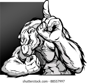 Cartoon Vector Image of a Polar Bear Flexing Arms and Holding up Champion Finger