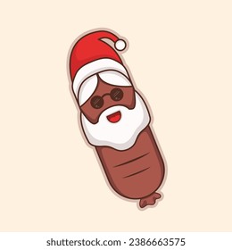 "Cartoon vector image of a sausage wearing glasses and Santa Claus attributes. Suitable for a mascot, logo, t-shirt design, book cover, etc."