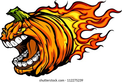 Cartoon Vector Image of a Scary Flaming Halloween Pumpkin Jack O Lantern Head with Screaming Expression