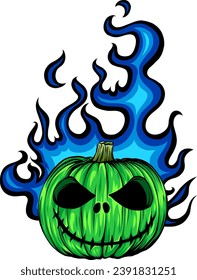 Cartoon Vector Image of a Scary Flaming Halloween Pumpkin
