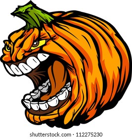 Cartoon Vector Image of a Scary Screaming Halloween Pumpkin Jack O Lantern Head