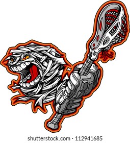 Cartoon Vector Image of a Scary Screaming Halloween Monster Mummy Head with Lacrosse Stick and Gloves