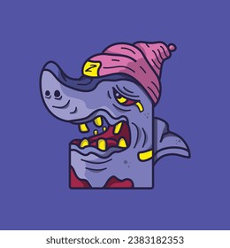 "Cartoon vector image of a shark wearing a hat. Suitable for book cover, t shirt design, mascot, etc."