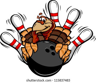 Cartoon Vector Image Of A Thanksgiving Holiday Bowling Turkey Holding A Bowling Ball Surrounded By Bowling Pins