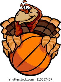 Cartoon Vector Image of a Thanksgiving Holiday Tennis Turkey Holding a Basketball Ball