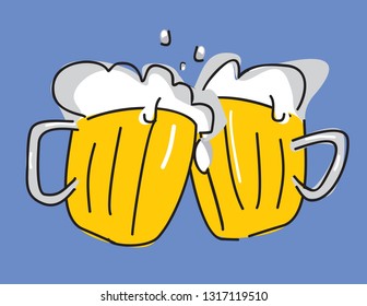 Cartoon vector image of two mugs of beer. Drinks with a lot of foam.