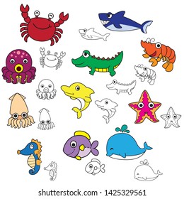 Cartoon Vector image of Water animal Crab, Crocodile, Fish, Octopus, Seahorse, Dolphin, Shark, Squid, Starfish, Whale, Shrimp with white background