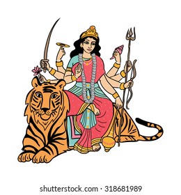 Cartoon vector Indian goddess Durga sitting on the tiger. Greeting card, or print t-shirt. Shubh Navartri.