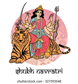 Cartoon vector Indian goddess Durga sitting on the tiger. Greeting card Navaratri, or print t-shirt.