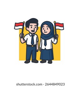 Cartoon vector of Indonesian junior high school students celebrating Independence Day. Boy and girl wearing school uniforms and holding indonesian flags with happy expressions."