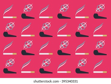 Cartoon vector  isolated cigarettes and tobacco pipes with smoke on pink background