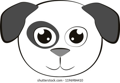 Cartoon vector isolated face of white dog with dark grey ears for child mask. On white background.