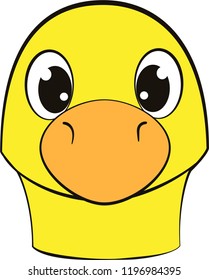 Cartoon vector isolated face of yellow duck for child mask. On white background.