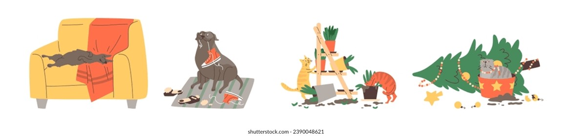 Cartoon vector isolated illustrations set of pet mess. Naughty dog chewing, tearing shoes. Cats knocked over Christmas tree, flower pots, ground is scattered. Bad pet behavior damaging things at home