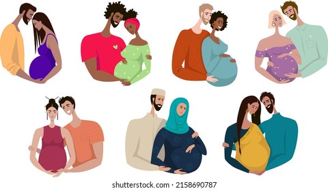 Cartoon vector isolated on white background. Set of vector flat illustrations. Young couples are expecting a baby. Multiethnic happy families. Pregnant girls with their husbands.