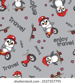 Cartoon vector isolated pattern Penguins travelers on gray background for boy. Print for clothes, printing on fabric, paper