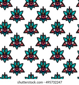 Cartoon vector isolated red scary eyes with flower leaves. Seamless evil eye pattern background. Cool cute print.