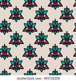 Cartoon vector isolated red scary eyes with flower leaves. Seamless evil eye pattern background. Cool cute print.