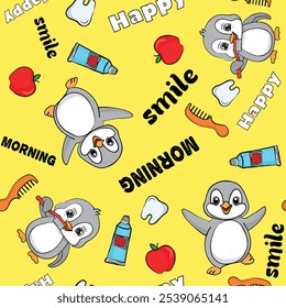 Cartoon vector isolated seamless pattern on yellow background Penguins brush their teeth in the morning, do exercises