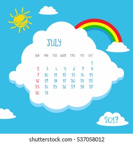 Cartoon Vector July Calendar Icon with sky, rainbow, clouds and sun background