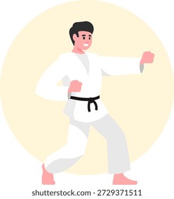 Vector de dibujos animados de un hombre de karate luchador en un kimono blanco posando. Entrenamiento de artes marciales, ejercicio y concepto deportivo. Carácter masculino fuerte aislado en blanco. Perfecto para fitness y diseños de dojo